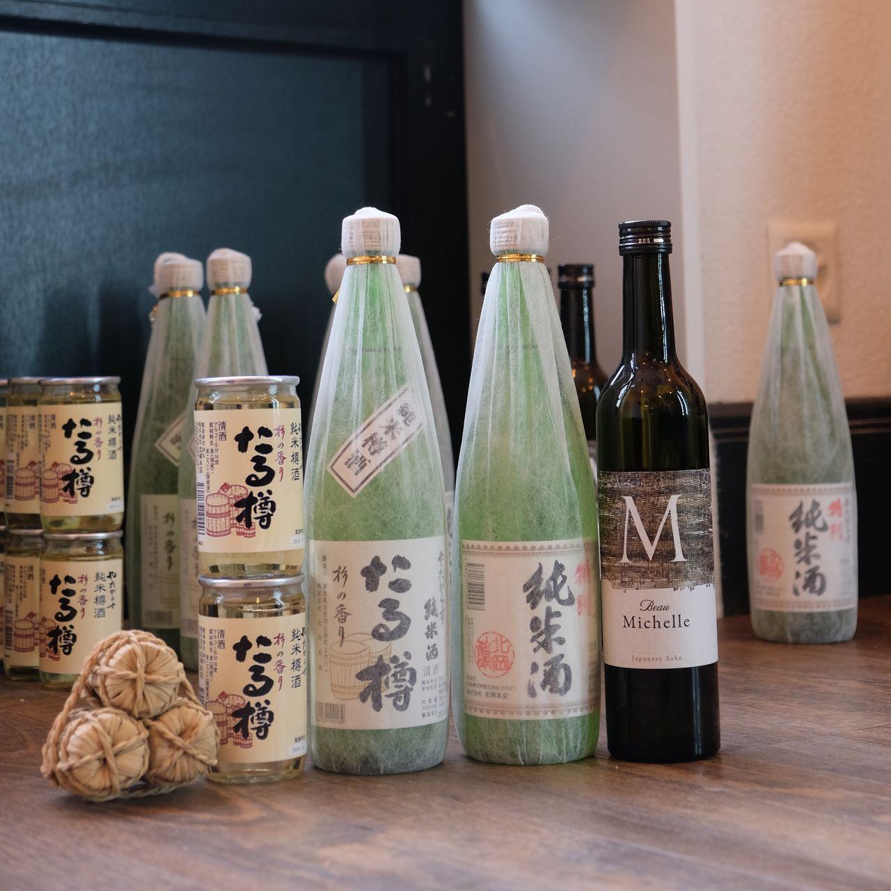 sake bottles on the floor