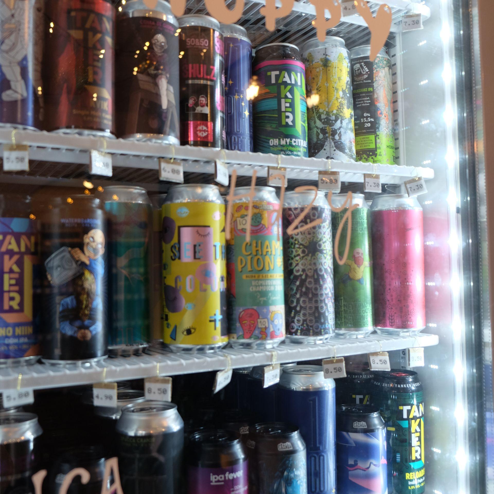 Fridge view with a selection ofcraft beers